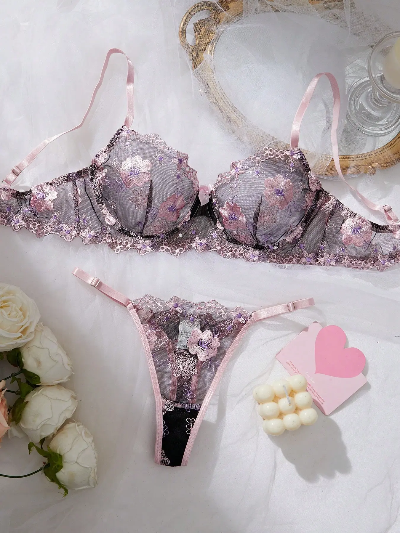 Women's Embroidered Lace Underwear Set - Fling Night Collection, Floral Design, Comfortable Fabric, Elegant Romantic Look, Sexy Gooseberry Color, Embroidery-Infused Elegance & Romance, Underwear Sets