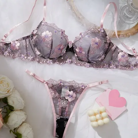 Women's French Floral Embroidered Lace Lingerie Set - Fling Night Collection, Comfortable Fabric, Elegant Romantic Look, Sexy Gooseberry Color