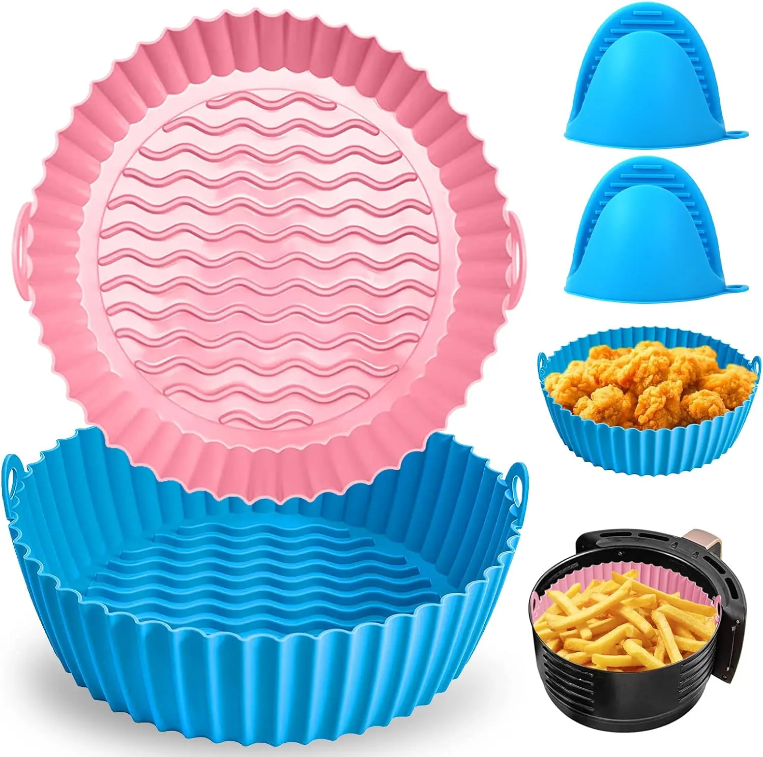 2 Pack Silicone Air Fryer Liner 8 Inches Reusable 3 to 6 Qt Temperature Resistant (500 Fahrenheit) Bakeware Basket Pot Round Utensils Handles Kitchen Oven Pan
