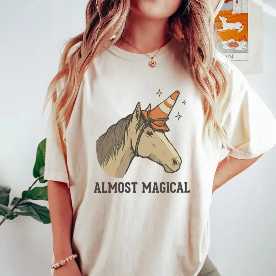 Comfort Color Funny Almost Magical T-shirt, Traffic Cone Unicorn Tee, Sarcastic Horse Graphic Shirt, Meme Apparel