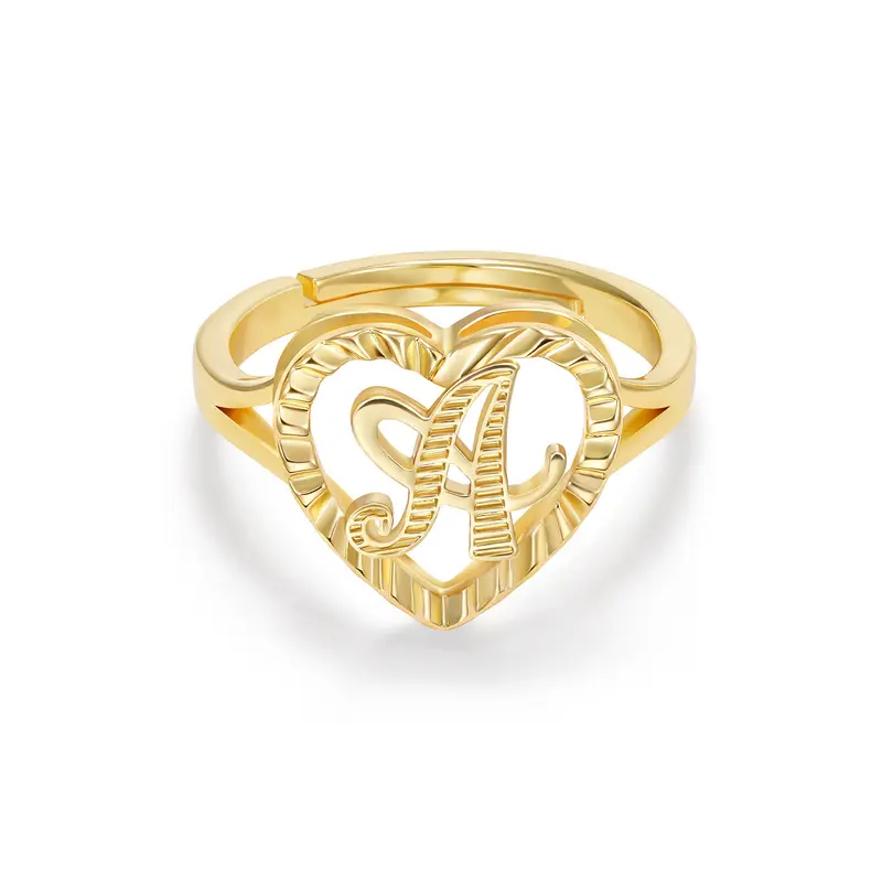 KissYan Women's 14K Gold-Plated Initial Letter Ring - Exquisite Trendy Heart Design Ring, Adjustable, Tarnish Proof, Unisex Fit, Everyday Wear, Anniversary Gift, Women's Jewelry Accessories, Exquisite Trendy Ring