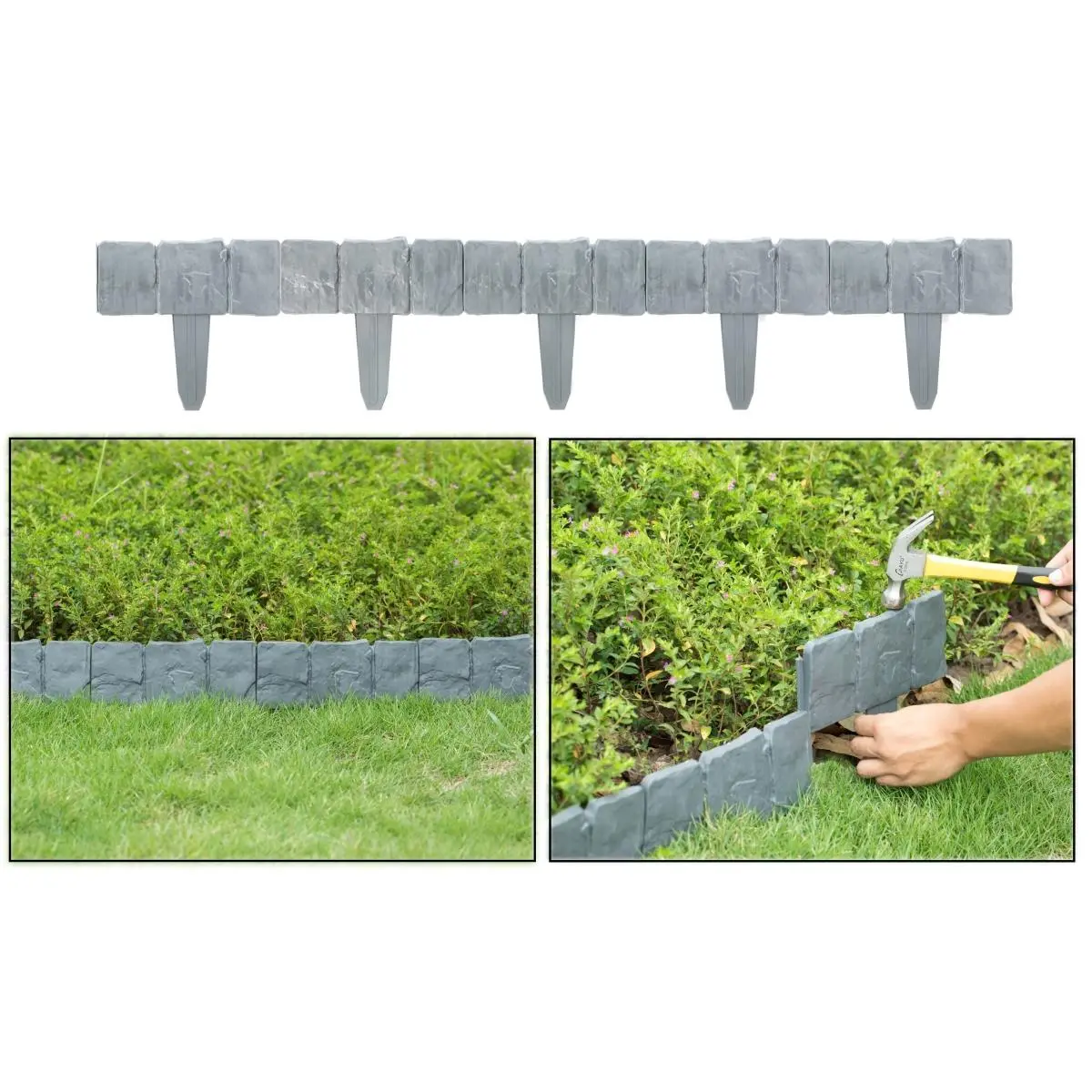 Gardenised QI003861 Plastic Curved Ornamental Cobbled Stone Outdoor Lawn Edging Gate, 4x10.50x1 in. Interlocking Stakes, Gray - Pack of 10, Decoration, Adds Modern Appeal for Trees