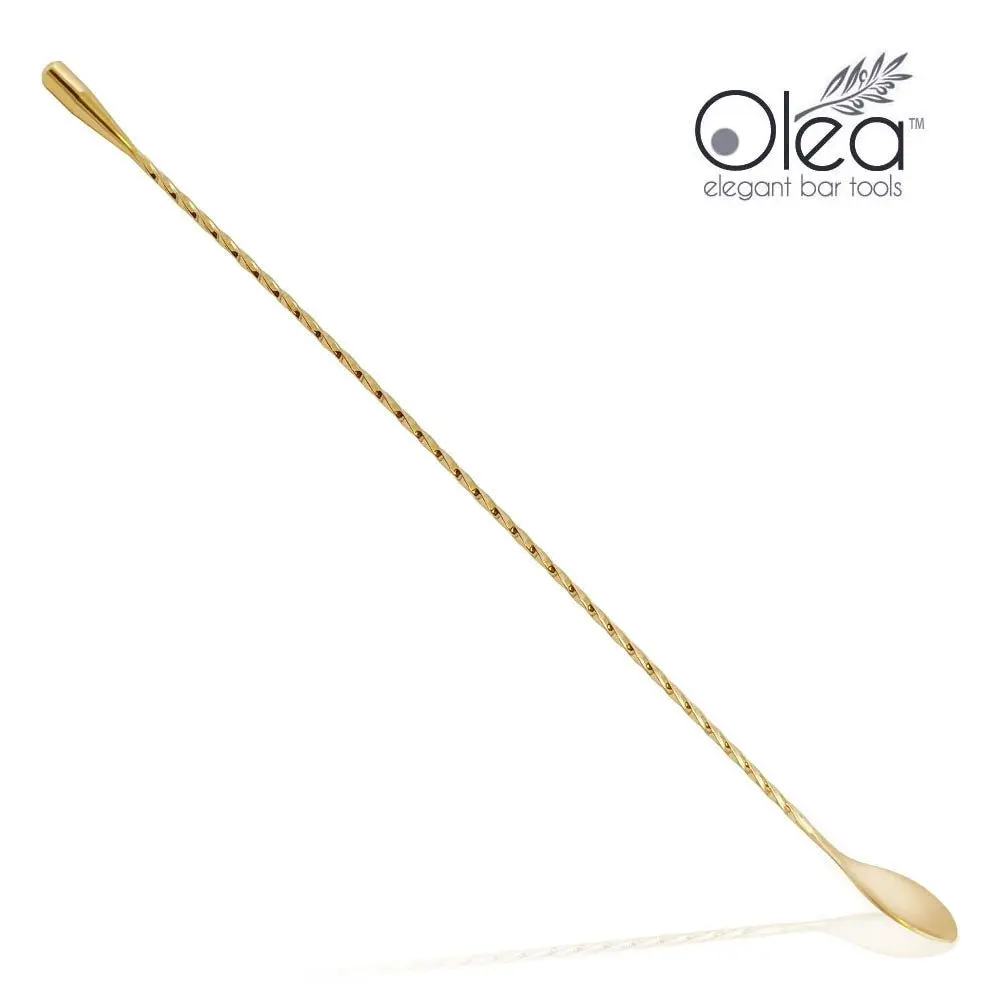 Olea™ Elegant Gold-Plated Stainless Steel Bar Spoon - 40cm, Teardrop Weighted Tip, Twisted Handle, Stirring & Layering Tool, Bar Utensil for Mixology, Not Dishwasher Safe