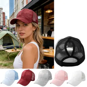 Spring/Summer Crossover Ponytail Mesh Cap Camouflage Hard Top Baseball Cap for Women, High Ponytail, Makes Face Look Smaller, Running Hat with Velcro Adjustable Strap