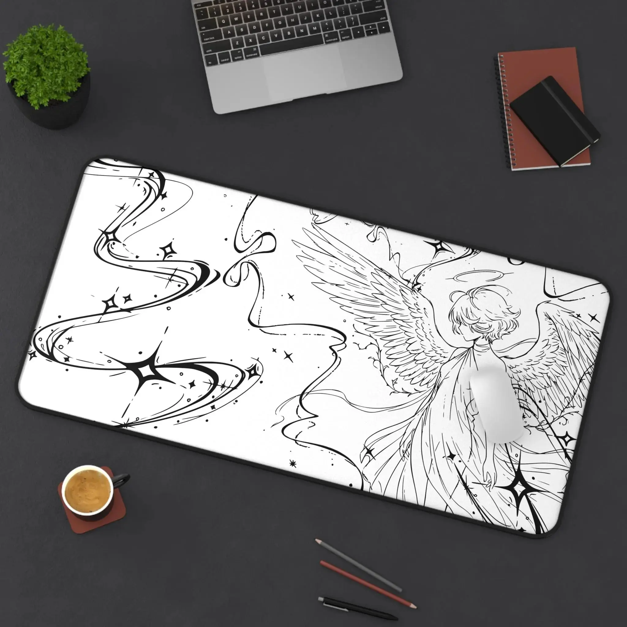 [SALE UP TO 45%] Angel Illustration Desk Mat | Winged Figure Line Art, Space Elements