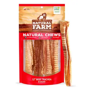 Natural Farm 12 Inch Beef Trachea Chews - 8 Count, Grass-Fed, Glucosamine & Chondroitin, Joint Support, Digestible, Odor-Free, for Dogs