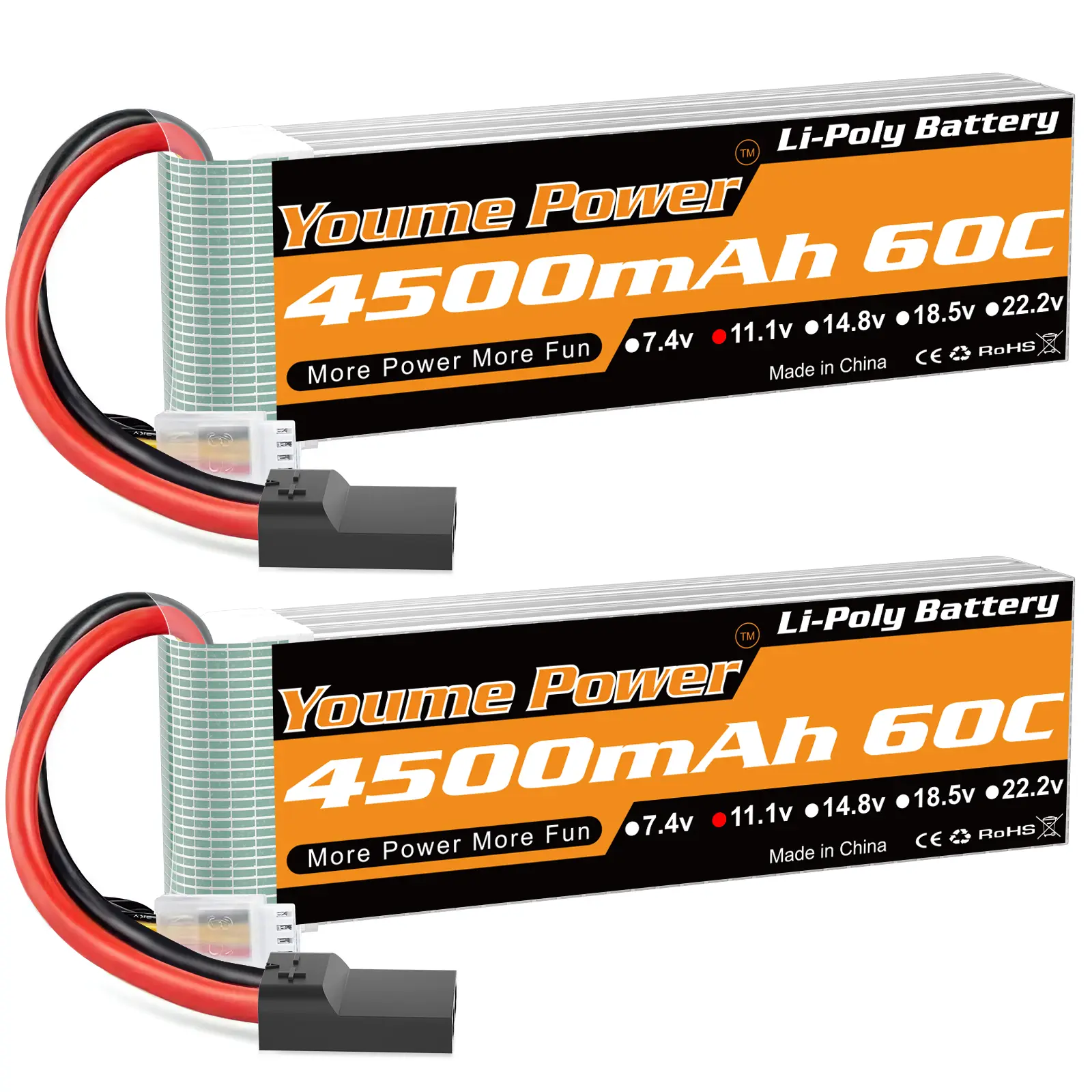 Youme 11.1V Lipo Battery 4500mAh,3S RC Lipo Batteries 60C Tr Plug for 1/10 RC Car/Truck/Truggy,RC Airplane Quadcopter Drone Helicopter Boat Models(2 Packs)