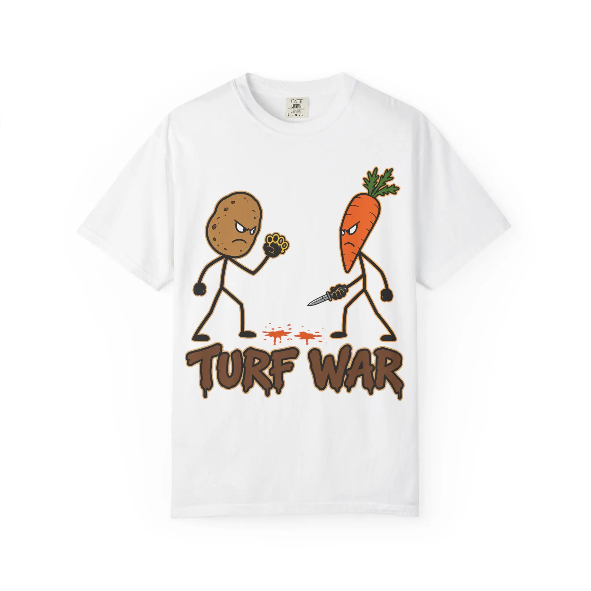 Turf War Potato vs Carrot Illustration T-Shirt | Funny Veggie Fight Shirt