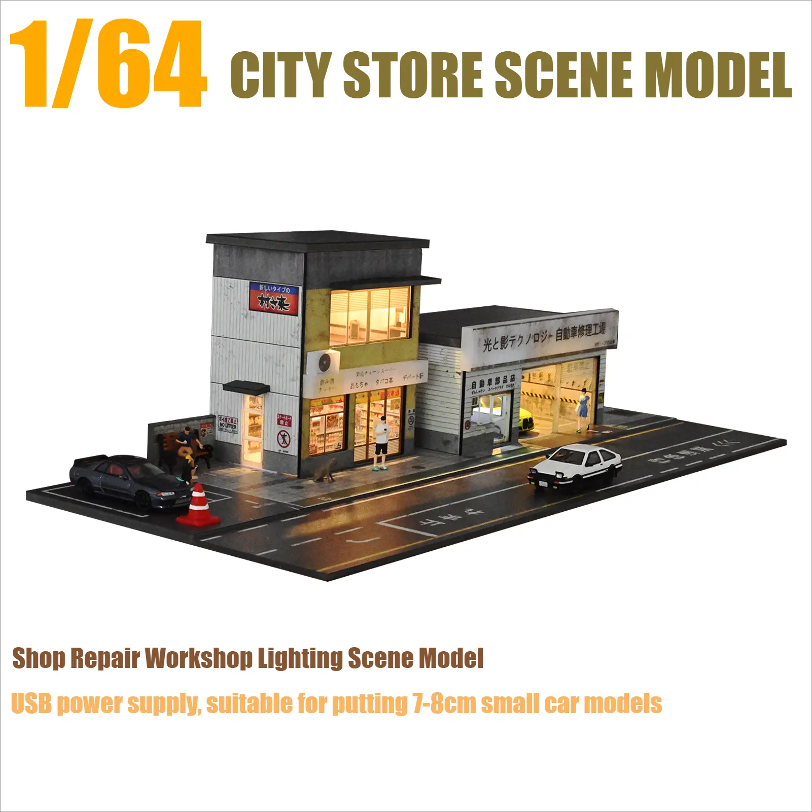 1/64 Scale Diorama Realistic Scene Kit, PVC Acrylic Car Garage Model with LED Lighting, City Street View, Parking Lot, Japanese Building & Repair Workshop, Building Set for Ages 12+, Collection Gift Toy, Room Accessories, Open Ended Play
