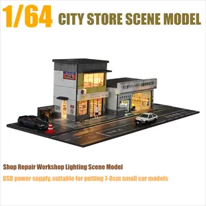 Diorama 1/64 Scale Car Garage Model LED Lighting City Street View Car Parking Lot Japanese Building Repair Workshop Scene Display Model Collection Gift Toy