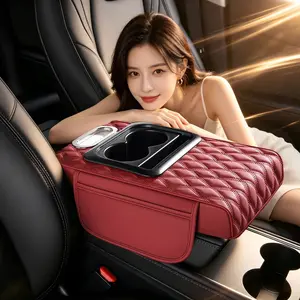 box storage pocket Car Storage Pocket Multi-Functional Box with Tissue & Cup Holder Red Quilted Design for Armrest Heightening Pad New Model Organize Essentials Stylish Practical