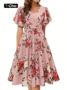 Women's Floral Print Butterfly Sleeve V Neck A Line Vintage Dress, Boho Short Sleeve Midi Dress for Beach Vacation Wedding Guest, Capri Sun Dress, Dresses for Women, Ladies Summer Clothes, Bohemian Womenswear, Shortsleeve, Boho Fashion Dress