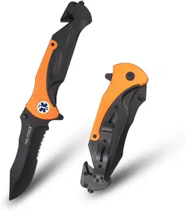 Tac-Force Extra Large 10.5" Folding Pocket Knife Black Partially Serrated Blade, Black Aluminum Handle with Rope Cutter, Glass Punch,