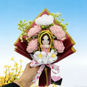 Handmade Crochet Rose Virgin Mary Doll Bouquet, Handcrafted Quality, Mother's Day Friend Lover Grandmother Party Gift, Fake Flower Arrangement Knit Memorial Gift