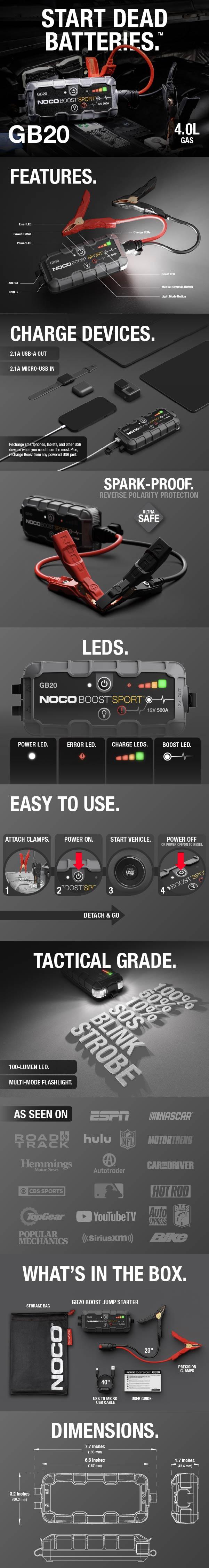 NOCO Boost Sport GB20 500A UltraSafe Jump Starter for 4.0L Gasoline Engines