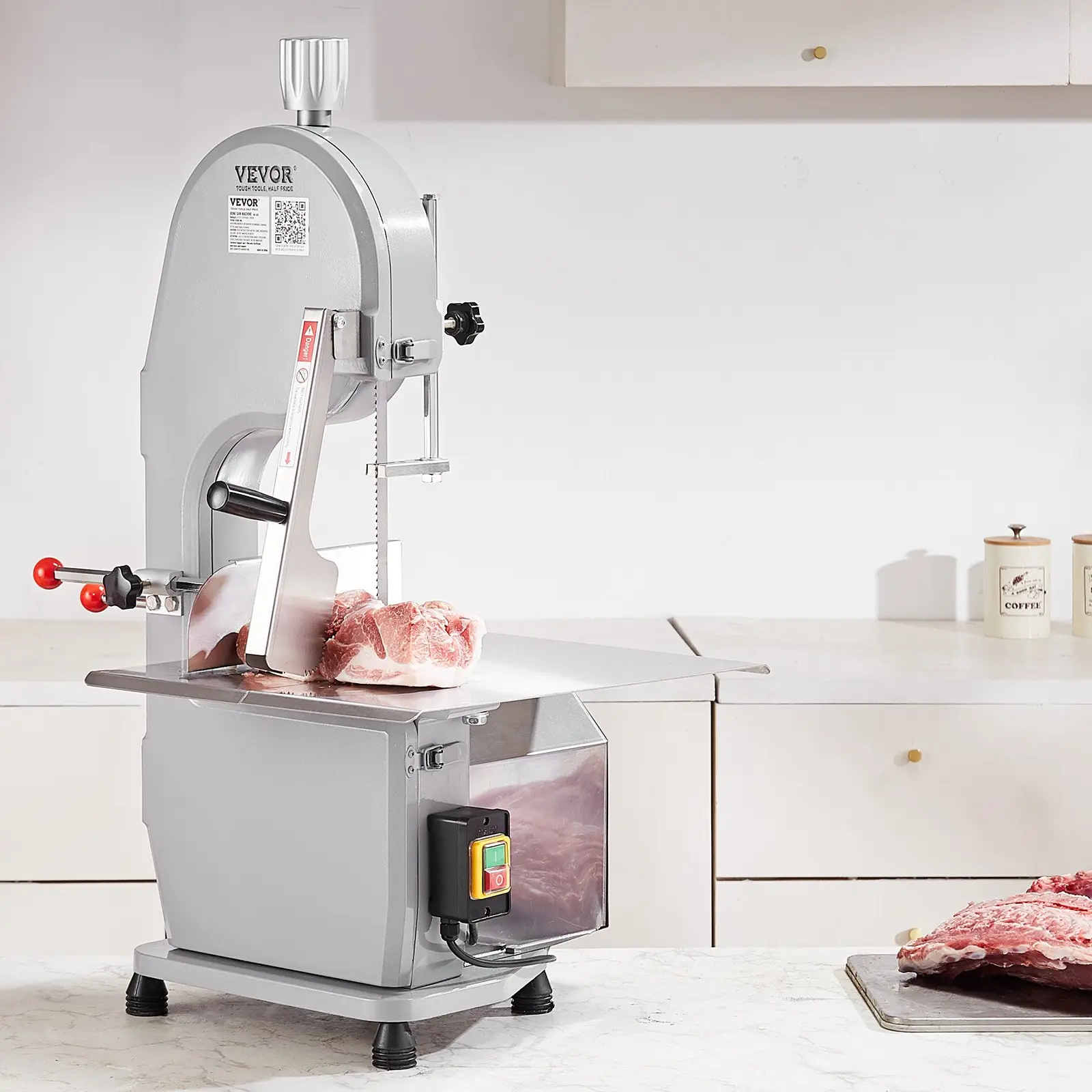 【summerfinds】VEVOR Commercial Electric Meat Bandsaw, 1500W Stainless Steel Countertop Bone Saw Machine, 19.3"x15" Workbench, 0.16-7.9" Cutting Thickness, Frozen Meat Cutter with 6 Blades for Rib Pork Beef, Power Sturdy Smooth Accurate for Restaurants,, Du