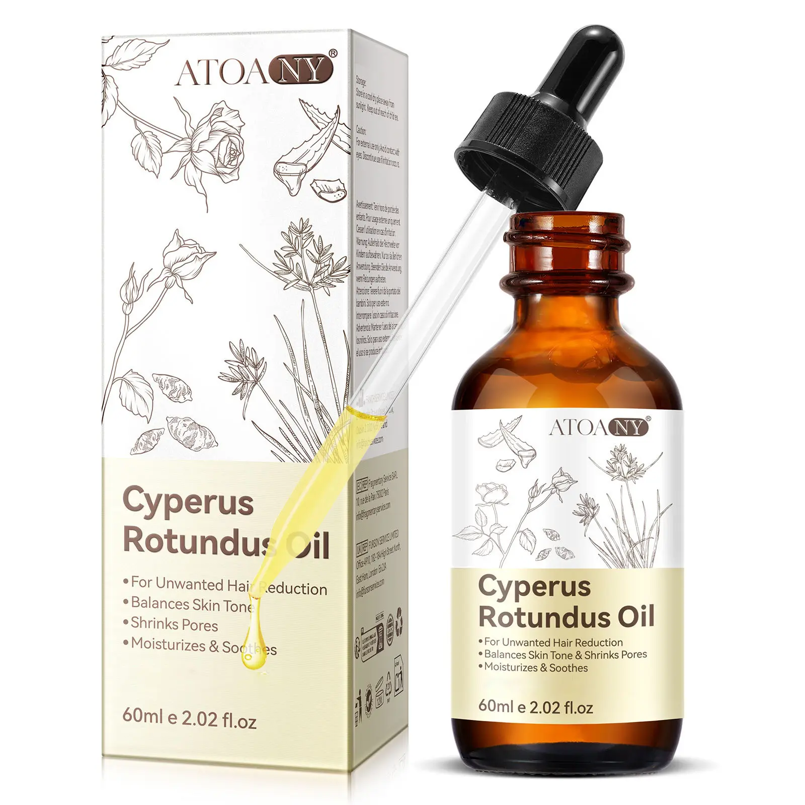 ATOANY Cyperus Rotundus Oil Hair Removal Liquid - Natural Non-Wax Shaving Product for Smooth Sensitive Skin, Sweet Almond Oil Base, Moisturizing Armpit Care, 60ml/2oz Gentle Single Item, Massage to Absorb