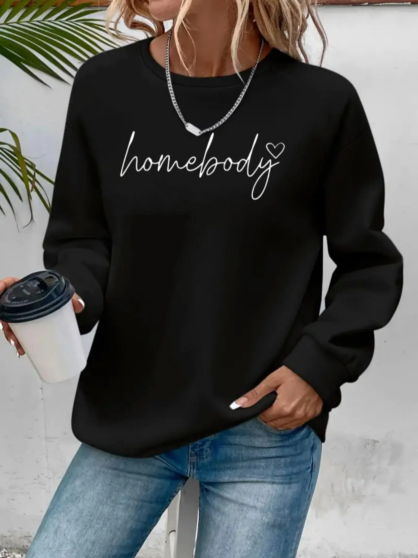 Women's Letter & Heart Print Drop Shoulder Sweatshirt without Necklace, Casual Long-sleeve Pullover for Fall & Winter, Airport Outfit, Sport & Outdoor