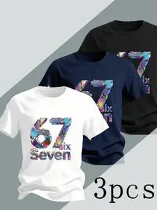 Men's Fashion Short Sleeve T-Shirts Set, Geometric Print, Round Neck, Casual Long Top, Slim Fit, All Seasons, Gift for Dad or Son