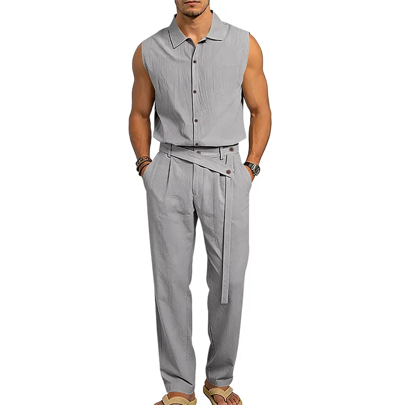 Men's Light Gray Textured Two Piece Summer Co-Ord Set, Sleeveless Lapel Button Down Shirt With Chest Pocket & Belted High Waist Straight Leg Long Trousers, Loose Breathable Casual Matching Outfit For Vacation Beach Daily Fashion#SummerWins