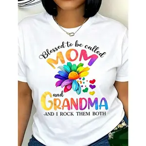 Mother' S Day Women' Floral Hearts Print Black TShirt, Crew Neck, Casual Cotton Tee Medium Stretch Knit Fabric, Regular Fit For Female Ladies For Spring/Summer/Fall Mother' S Day, Easter, Memorial Day, Fourth Of July