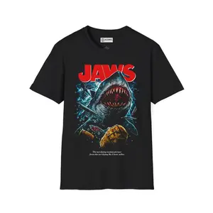JAWS T-SHIRT - RETRO SHARK MOVIE GRAPHIC TEE #44 - 143% Polyester, Machine Washable, Stylish Crewneck for Summer & Father's Day