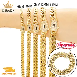 Upgraded Miami Cuban Link Necklace 14 K Golden Plated Vacuum Electroplated Stainless Steel CZ Clasp Solid Chain Hip Hop Fashion Jewelry for Men Women Gift