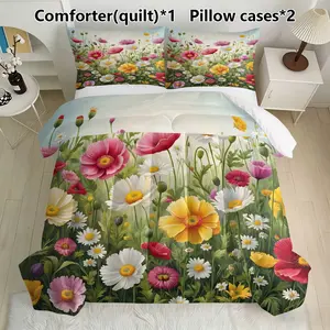 3-Piece Colorful Floral Quilt Set (1 Quilt + 2 Pillowcases), Soft Lightweight Breathable, All-Season Bedding, Home or Dorm Use