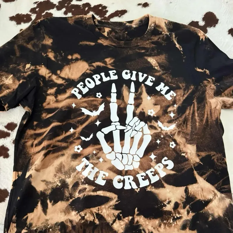 People Give Me the Creeps Bleached Halloween T-Shirt | Skeleton Hand Graphic Tee | Spooky Fall Shirt | Unisex Gildan Tee