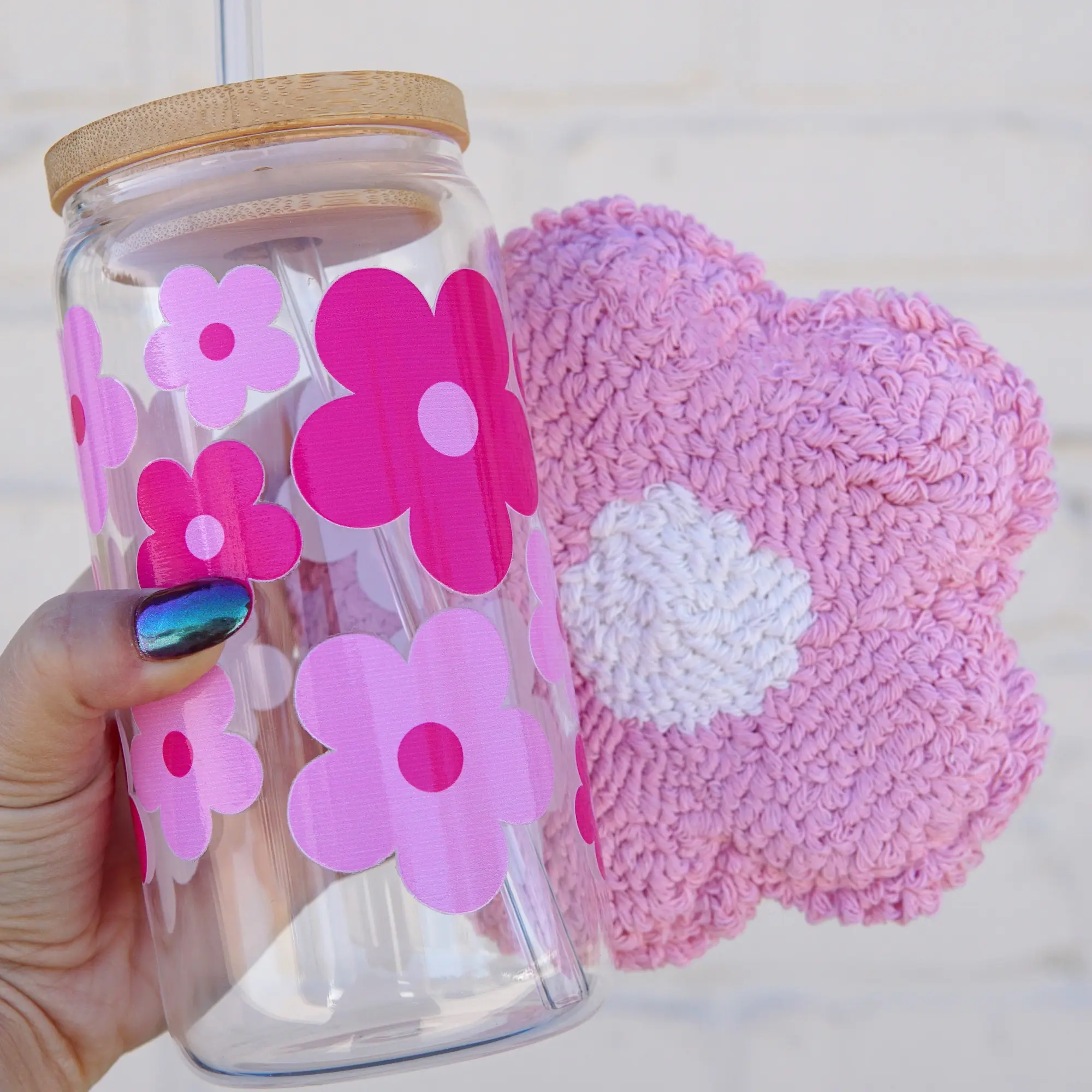 Daisy 17oz Glass Mug with Lid and Straw, Iced Coffee Drinkware, Gift for Her, water bottle for women, floral tumbler, Water Bottles, Reusable