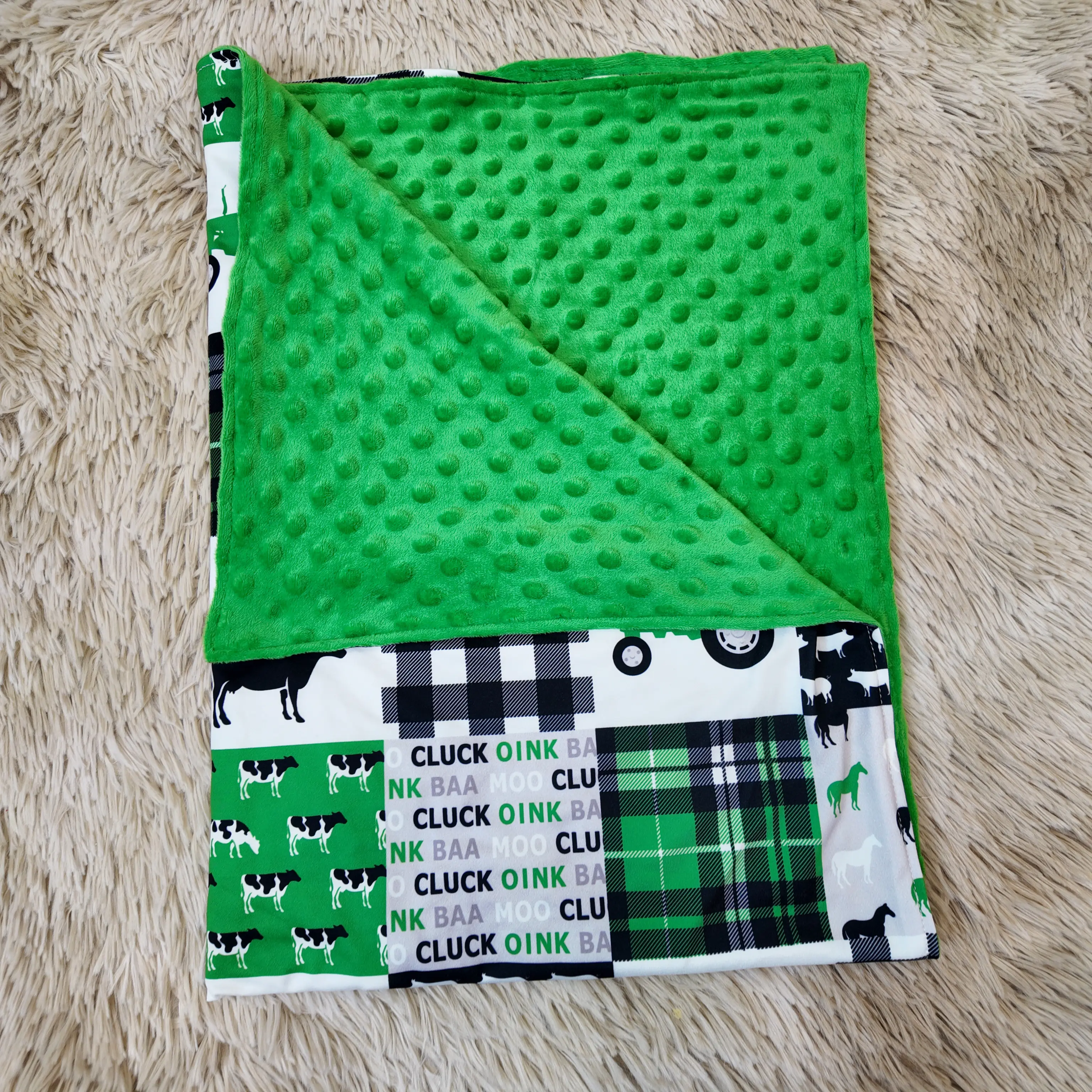 Green cow pig chicken tractor printed farm baby kids minky polka dots blankets Green cow pig chicken tractor printed farm baby kids minky polka dots blankets