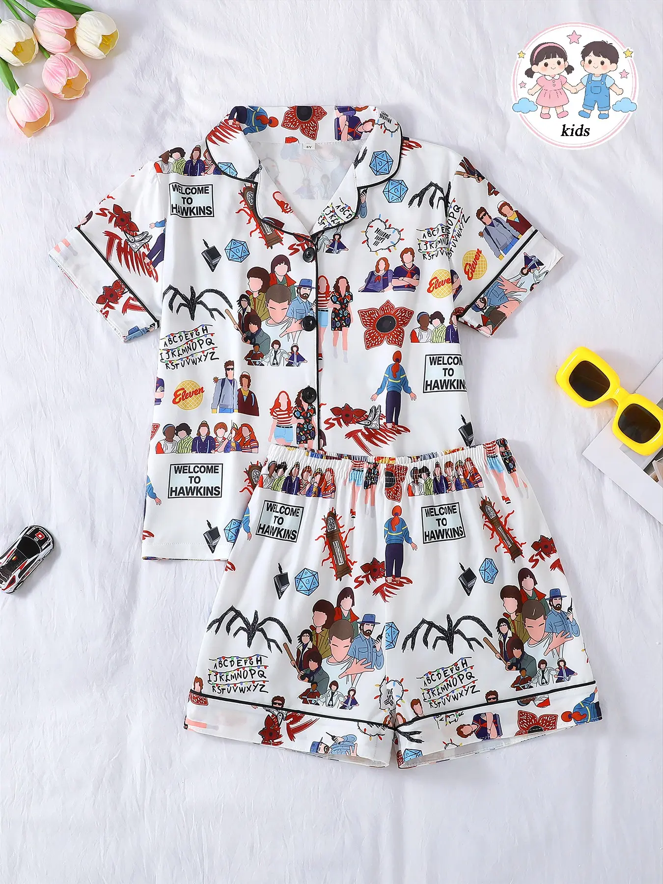 2-Piece Kids Collared Pajama Set, Short Sleeve Button Front Top & Shorts, Cartoon Print, Unisex, All Seasons, Casual Sleepwear, Cartoon Pattern Pajamas
