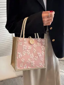 Mini DIY Tote Bag Set, Linen Tote Bag, Buckle Decorated, Large Capacity, Portable Casual Storage, Multi-Functional Shopping Bag, Women's Daily Use