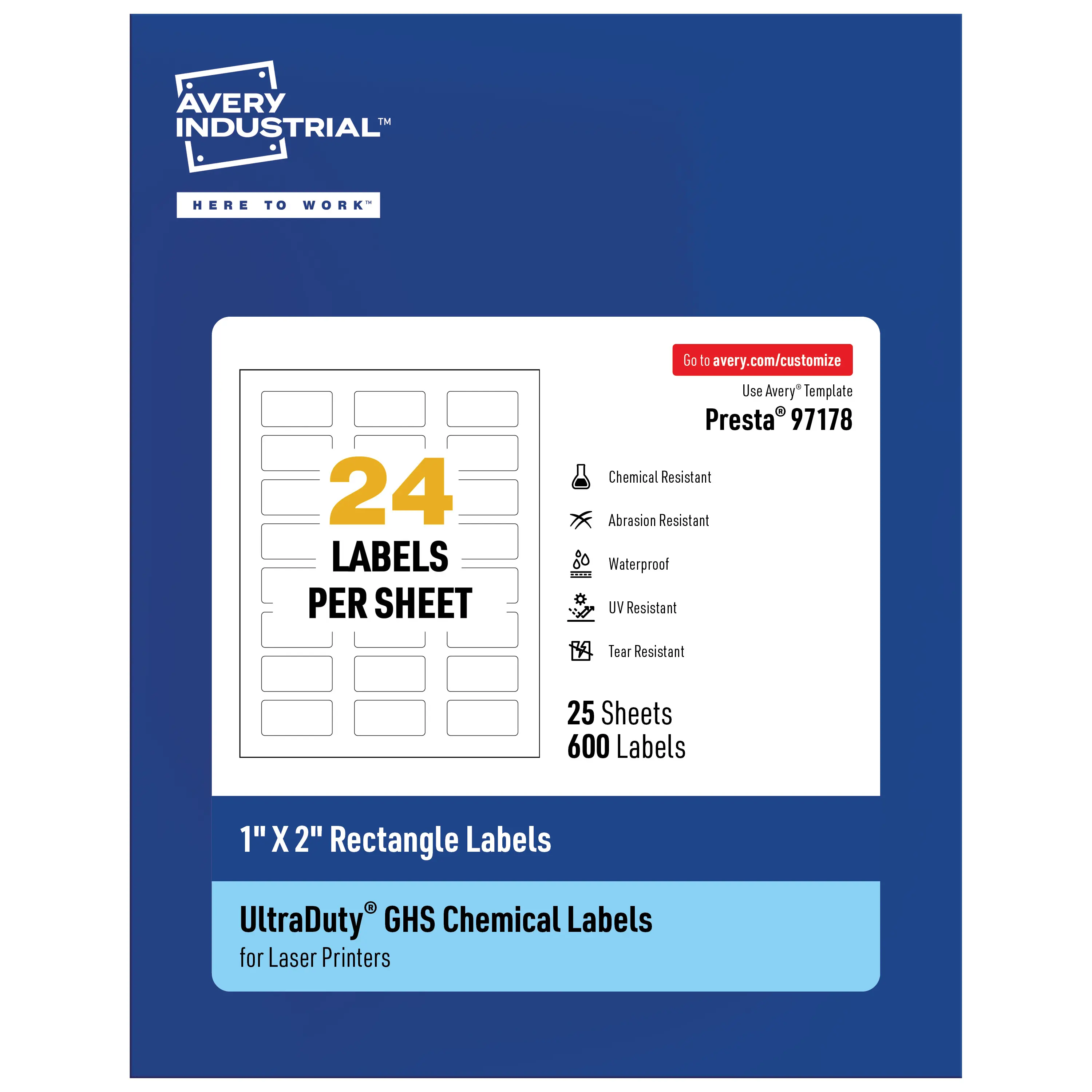 Avery UltraDuty Polyester GHS Compliance Rectangular Labels, 1x2 in Printable Print-to-Edge Waterproof Labels, for Laser Printers & Industrial Users