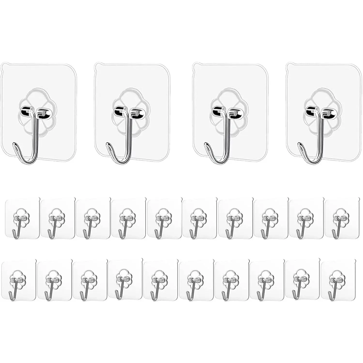 Heavy Duty Transparent Adhesive Hooks Set - 24 Pack Stainless Steel Metal Hangers, 24lb Max Load, Plastic Organiser Hangable Hooks for Kitchen, Bathroom Use, Utensils
