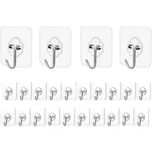 Adhesive Hooks Kitchen Wall Hooks - 24 Packs Heavy Duty 24lb(Max)  Free Transparent,,Sticky Stainless Hangers for ,Bathroom, Shower, Outdoor, Kitchen,Door, Improvement,Utility