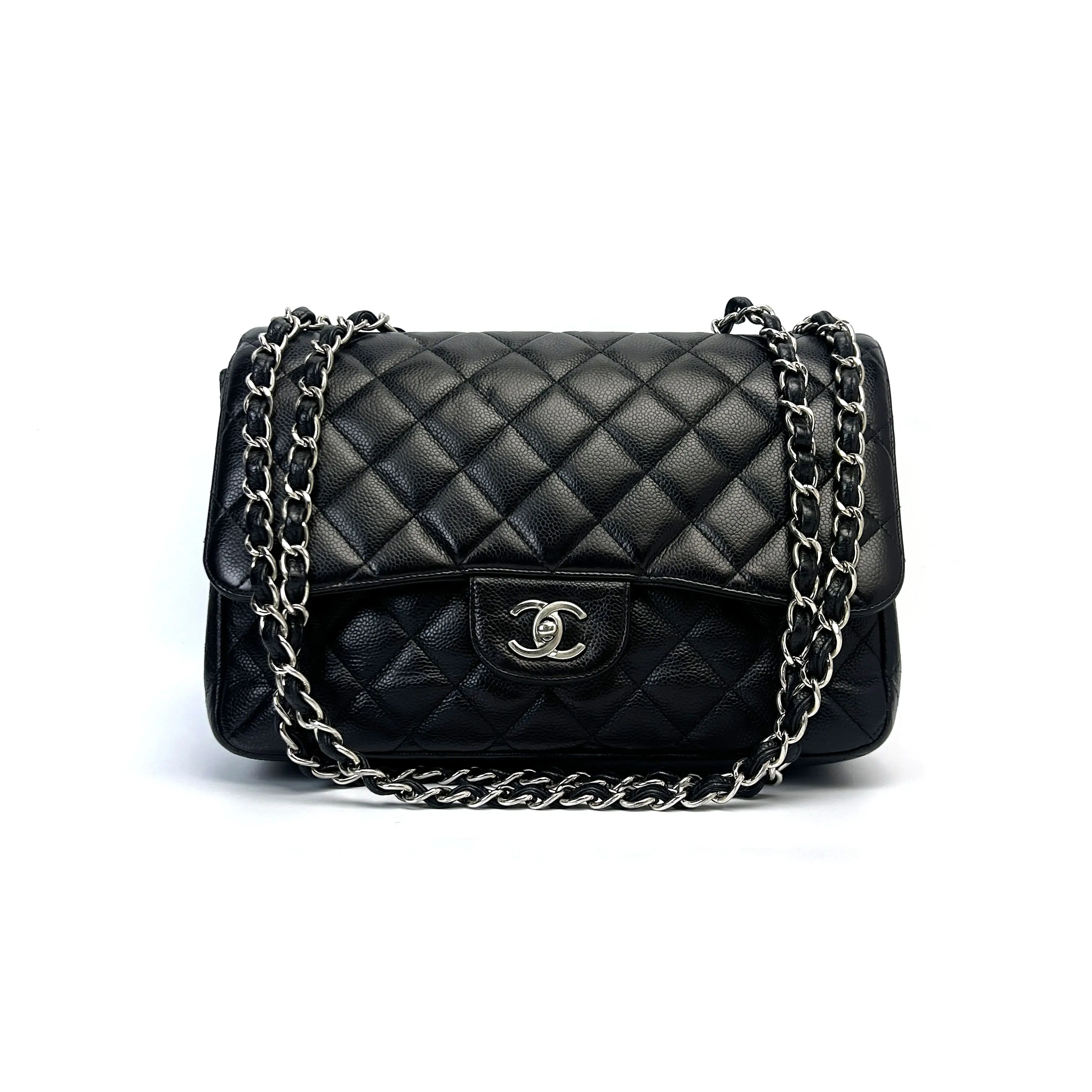 Pre-owned CHANEL 2009 2010 Black & Silver Caviar Leather Single Flap CF Jumbo Chain Shoulder Bag 888 hk a270