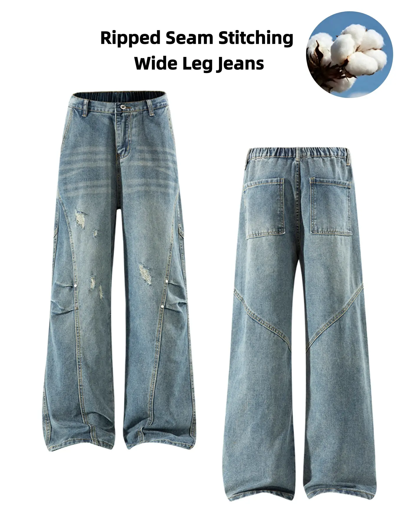 Men's Cotton Blend Ripped Seam Stitching Wide Leg Jeans - Vintage Washed Distressed Baggy Fit Denim Pants with 3D Panel Ruched Detail, Elastic Back Waist Streetwear Outfits for Skater Casual Looks