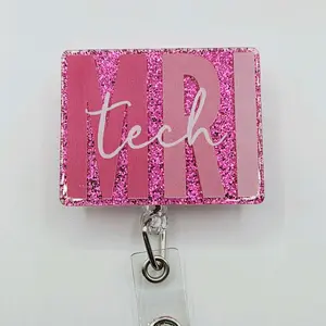 MRI Tech Pink Glitter Acrylic Retractable Badge ID Reel Belt or Alligator Clip
