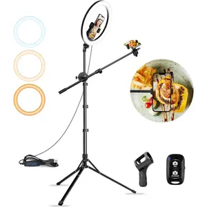 12" Selfie Ring Light with Stand and Phone Holder, Overhead Ringlight Tripod for iPhone Photography-LED Circle Lighting with Mic Mount&Remote for Video Recording/Live Streaming/Singing/Cooking