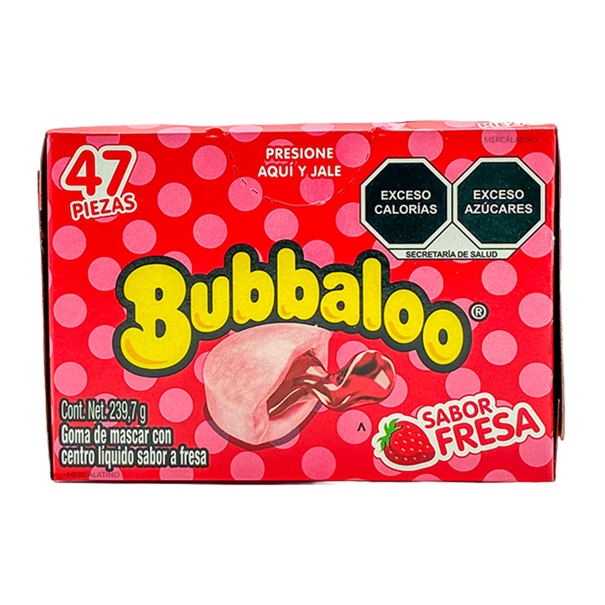 Bubbaloo Fresa Goma de Mascar con Centro Líquido Sabor Fresa, Chicle Relleno Dulce y Suave, Caja con 47 Unidades, Dulce Latino para Compartir