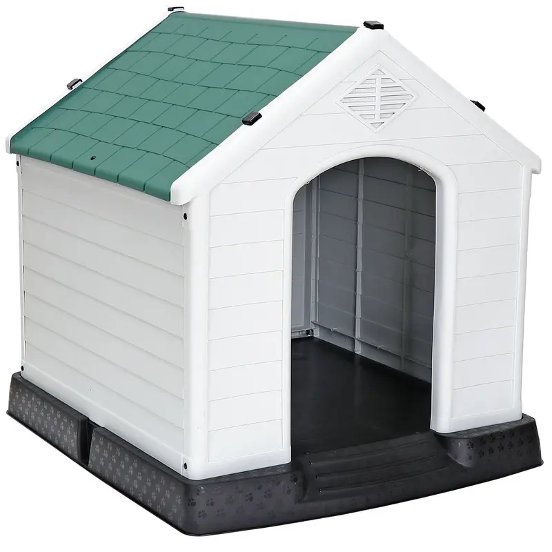 Segawe Solid Polypropylene Medium Dog House - 15.4lb Crate Kennel, 28"(l)x26"(w)x28"(h) All-Seasons Elevated Floor, White Body with Green Removable Roof, Waterproof Enclosed Lightweight Portable Indoor/Outdoor Backyard Pet Furniture