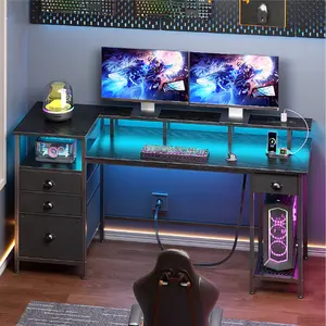 Furologee Gaming Desk with LED Lights Power Outlets Monitor Stand Home Office Desk with 3 Fabric Drawers 1 File Cabinet