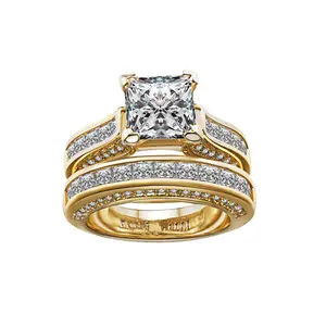 Yellow Gold Plated Bridal Sets Square 1CT Cz Luxury Engagement Ring 2pcs Womens Wedding Ring Sets