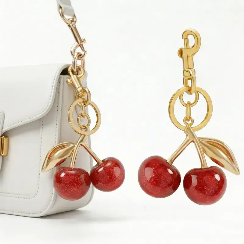 Sparkly Cute Cherry Design Bag Charm - Women's Party Gift Purse Accessory, Fashionable All-Match Keychain for Birthday Gifting