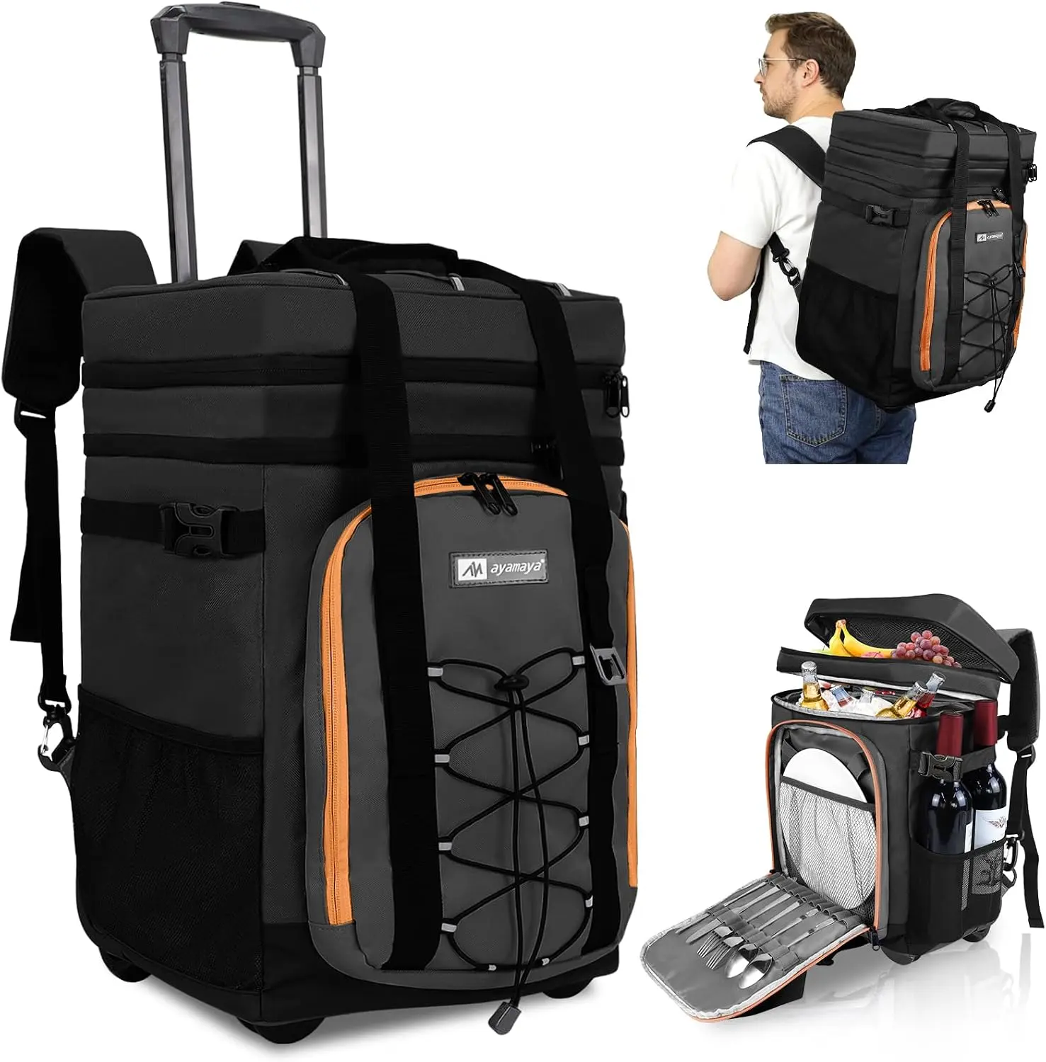 Insulated Rolling Cooler Backpack, Leakproof Backpack Cooler with Wheels and Handle, 60 Cans Large Bag for Beach, Fishing, Picnic, Travel, BBQ