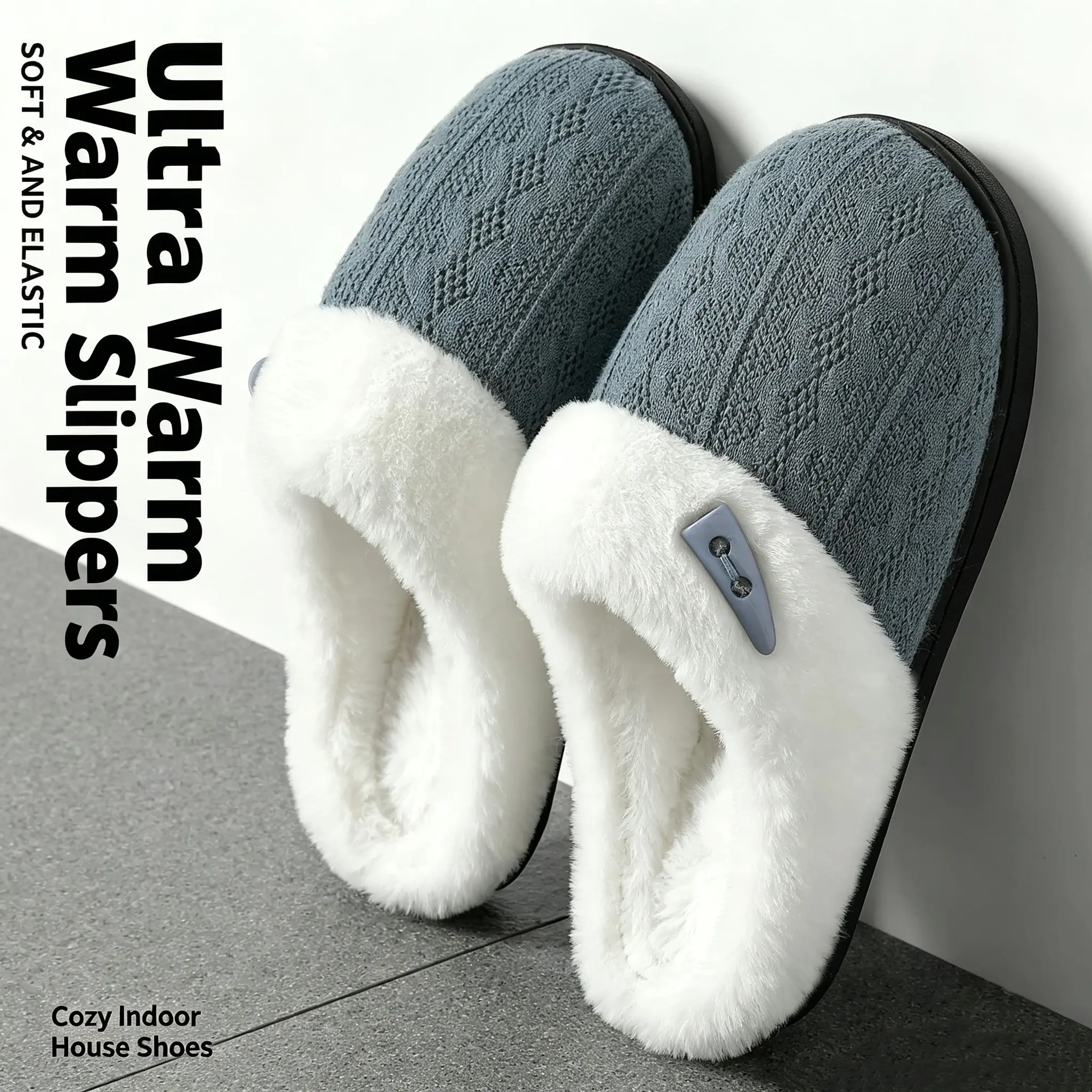 Women’s Knit Fuzzy Scuff Slippers, Memory Foam Warm Faux Fur Lined Indoor Outdoor Bedroom Slides with Wooden Toggle Non Slip House Shoes Gift for Her