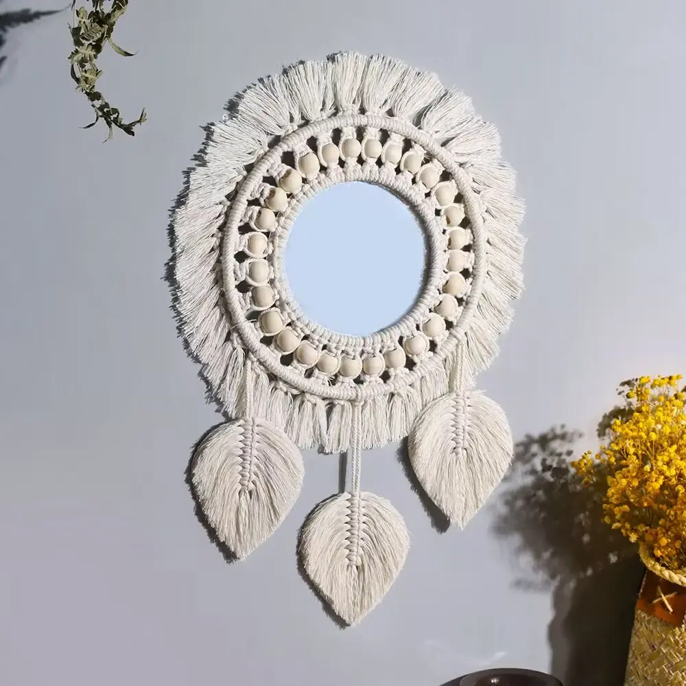 Handwoven Wall Round Circle Mirror Decor, Bohemian Leaf Feather Design, Bedroom Living Room Home Decoration, Nordic Style Handmade Hanging Art, Boho Mirror