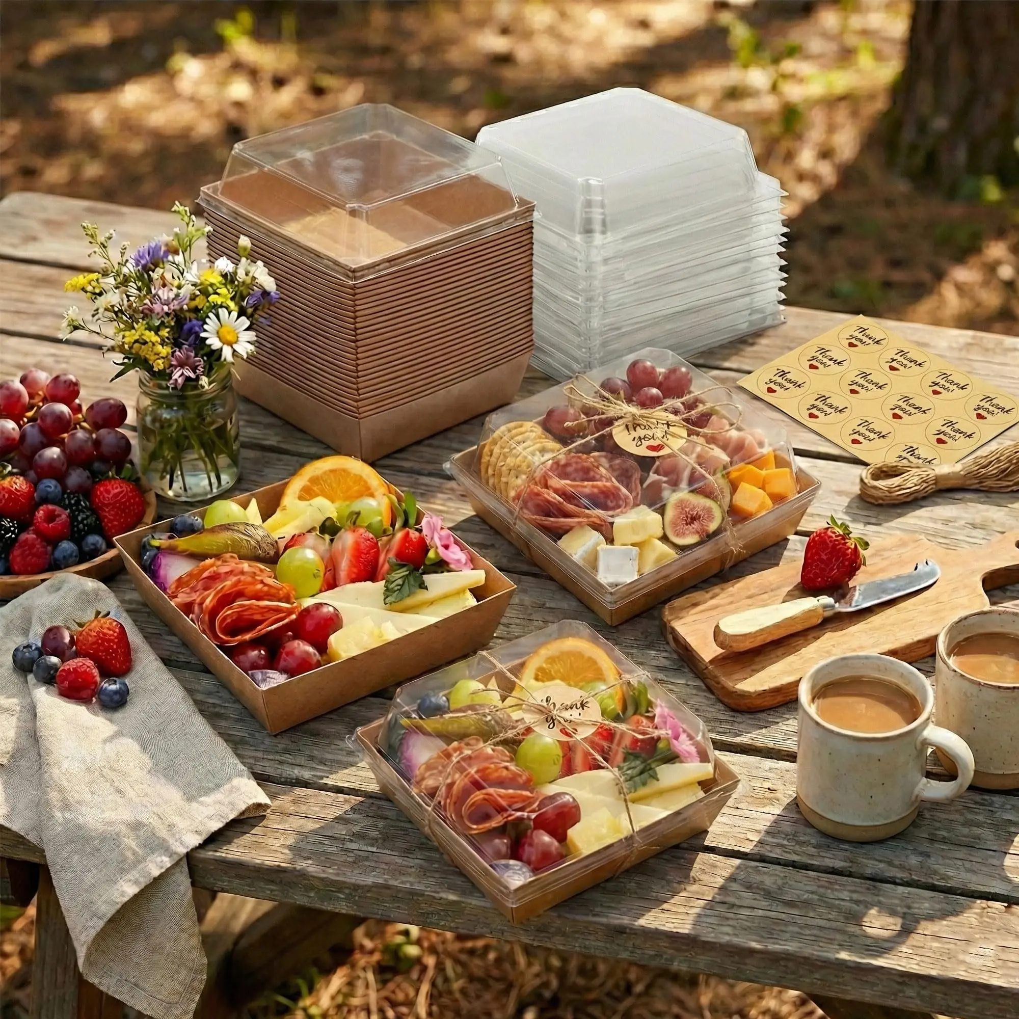 100 Pack Small Charcuterie Boxes with Clear Lids - To Go Paper Mini Charcuterie Box, Disposable Food Containers, 5Inch Dessert Boxes - Sandwich, Cookie, Sushi, Cake Slice, Strawberries (Brown)