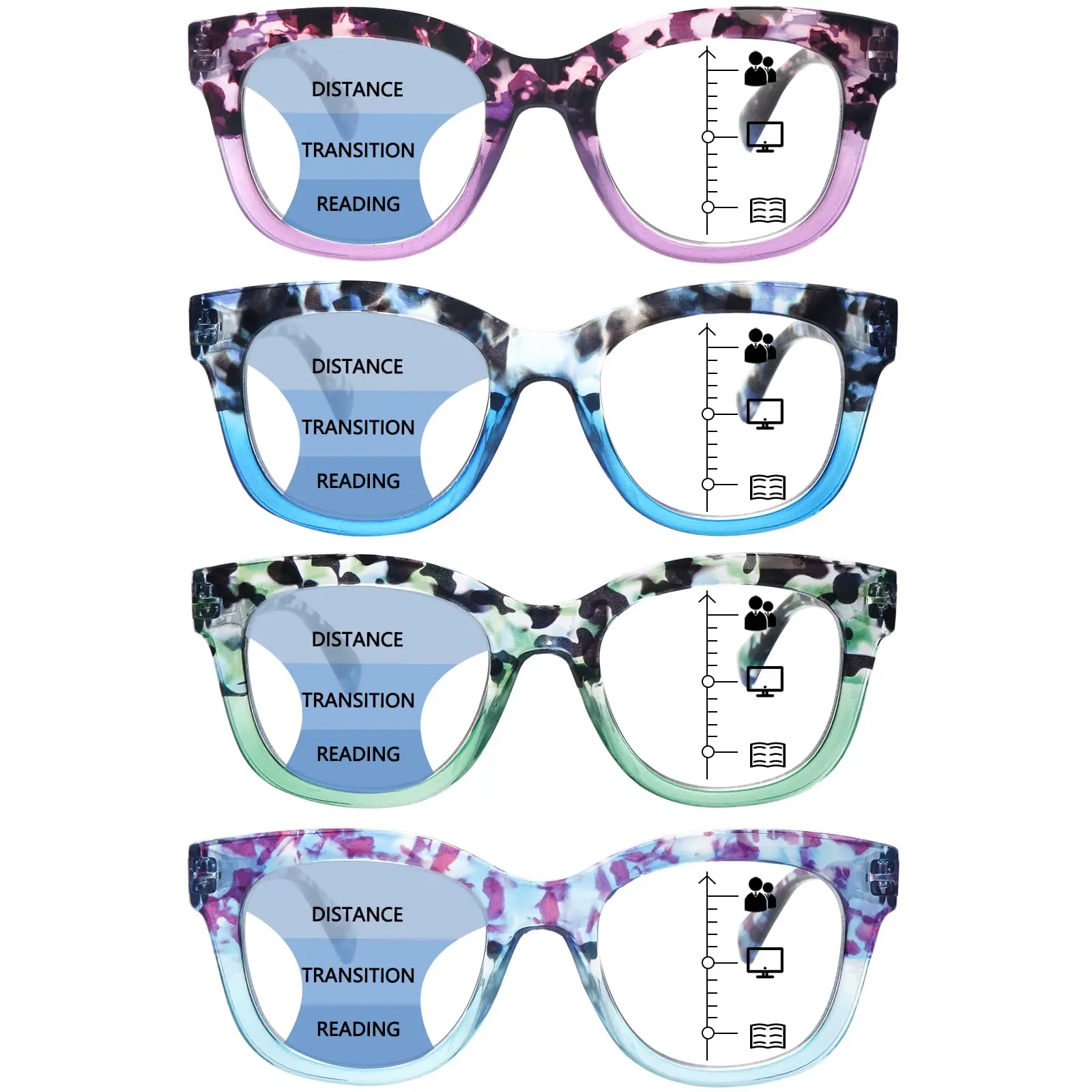 4 Pack Progressive Multifocus Reading Glasses for Women Men Blue Light Blocking Computer No Line Multifocal Readers